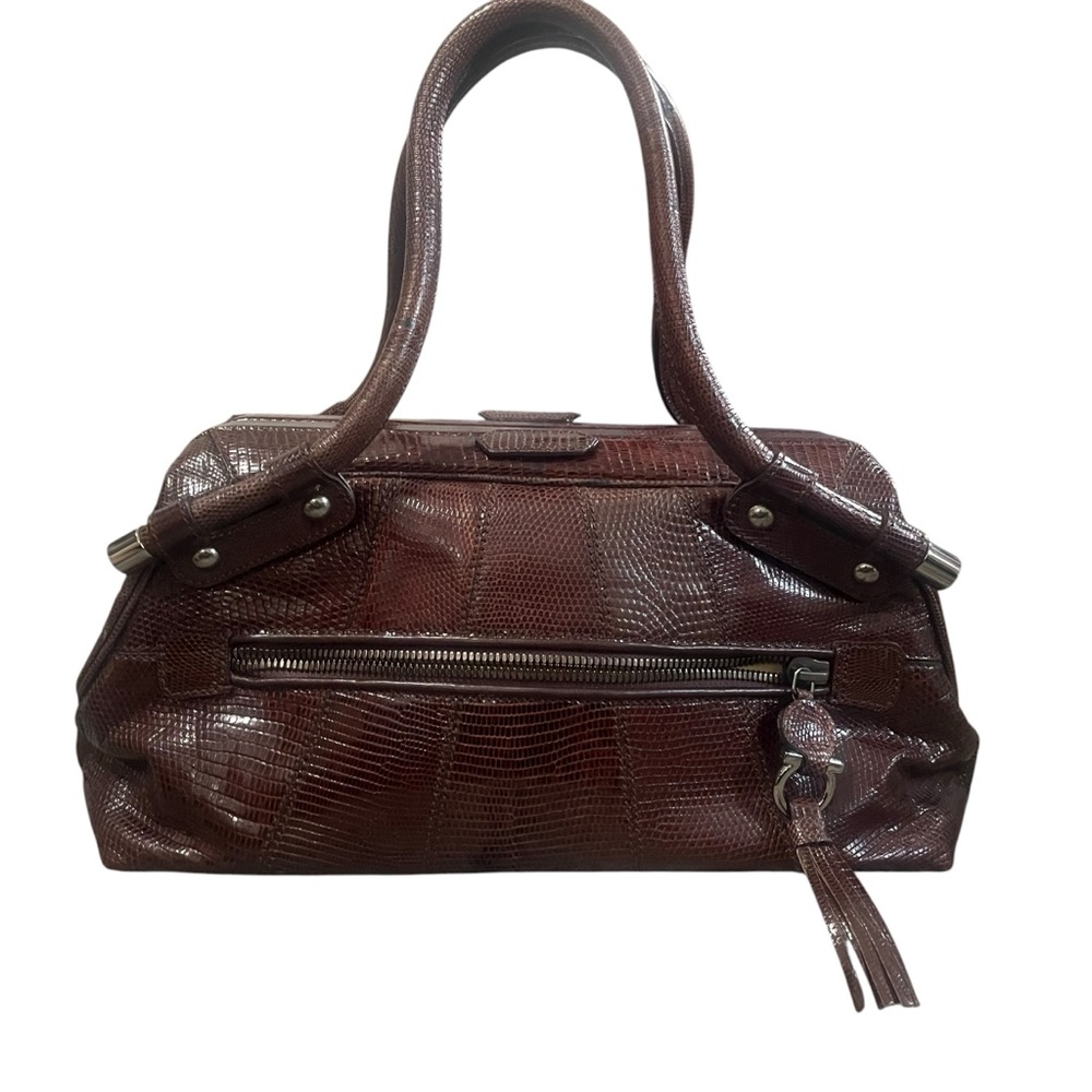 Salvatore Ferragamo Dark Brown Lizard-Embossed Leather Satchel